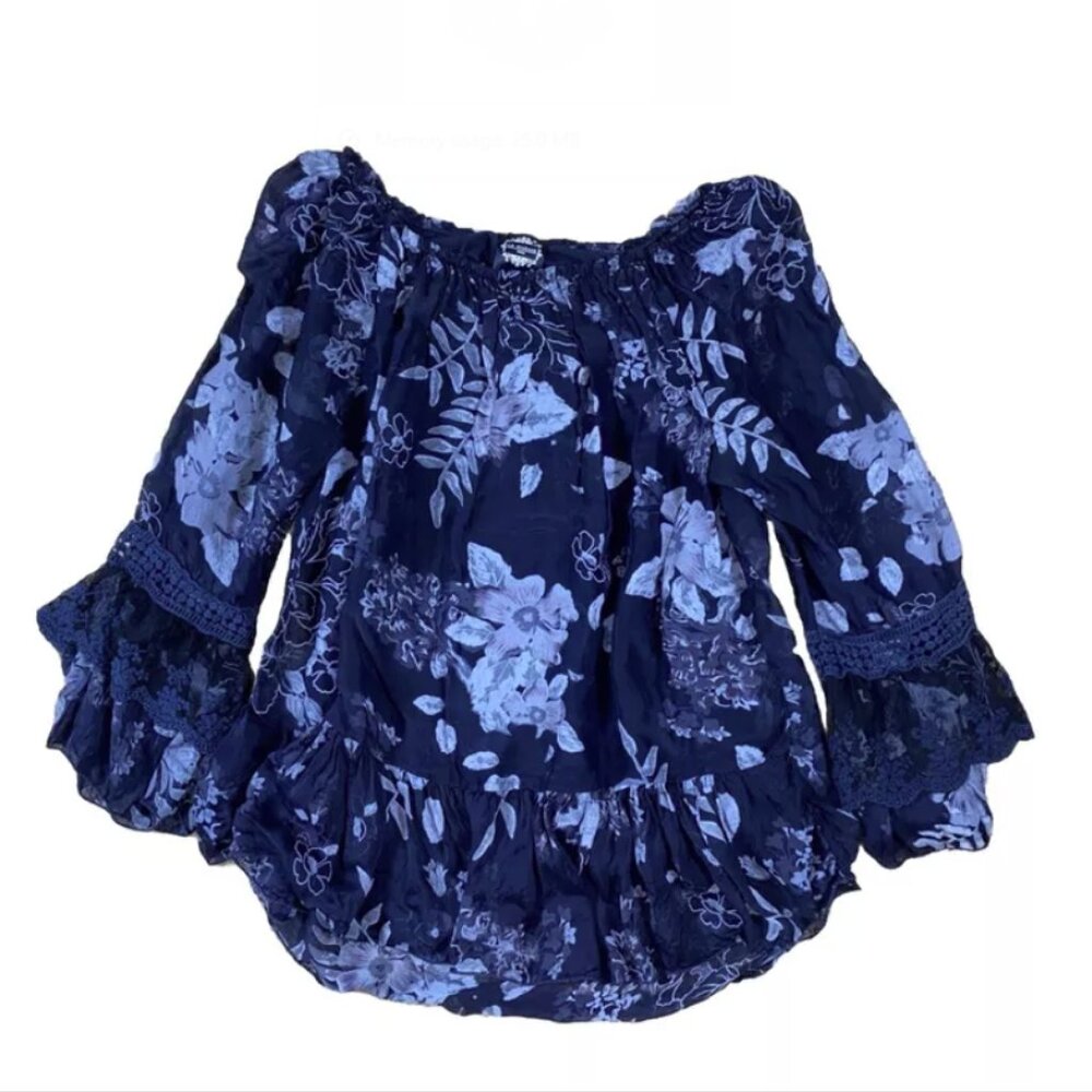 Le Marais Silk Blouse Blue Off-The-Shoulder Tunic Top Ruffles Lace Designer